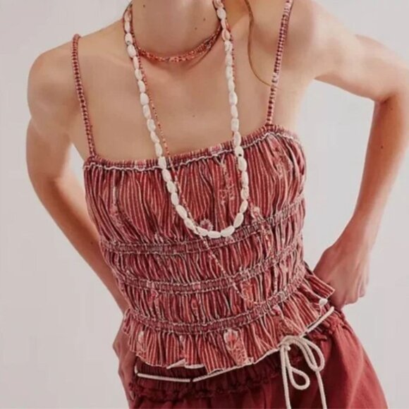 We The Free | Free People "Dolce Vita" Smocked Tank Top Brown Red | Size Small - Picture 2 of 12